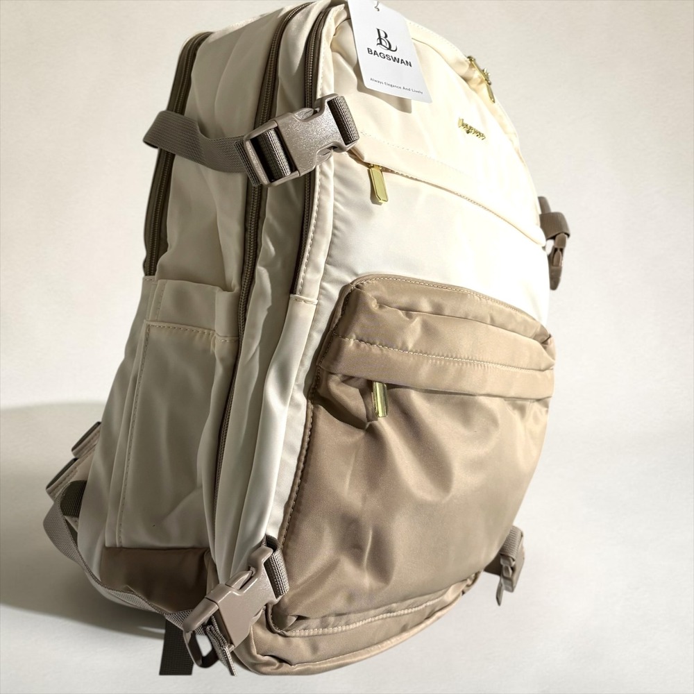 BAGSWAN Travel Backpack Cream Tan Gold Hardware USB Port Laptop Sleeve NWT
